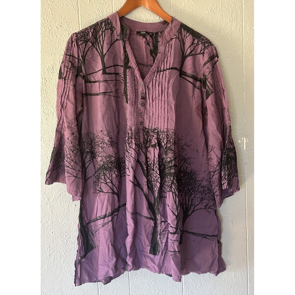 Women's APU Purple Black 3/4 Sleeve Tunic Top Size XL Whimsigoth Lounge